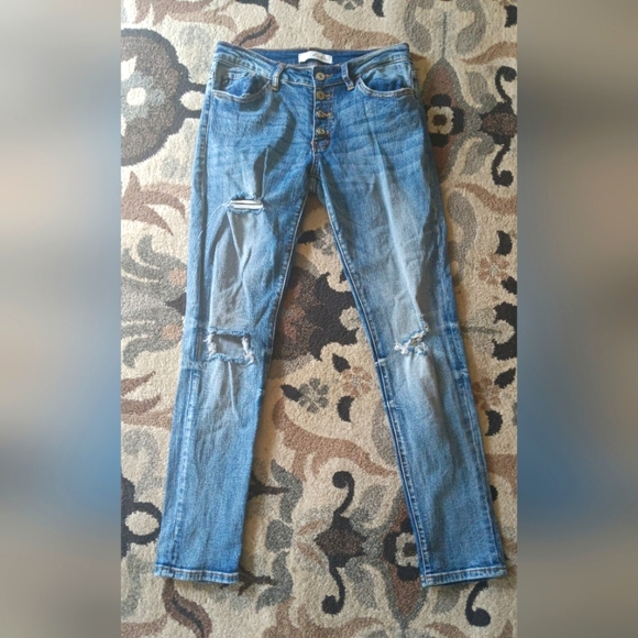 KanCan Med Wash Distressed Button Fly Denim Low-Rise Skinny Ripped Jeans Sz 5/26 - Picture 1 of 10